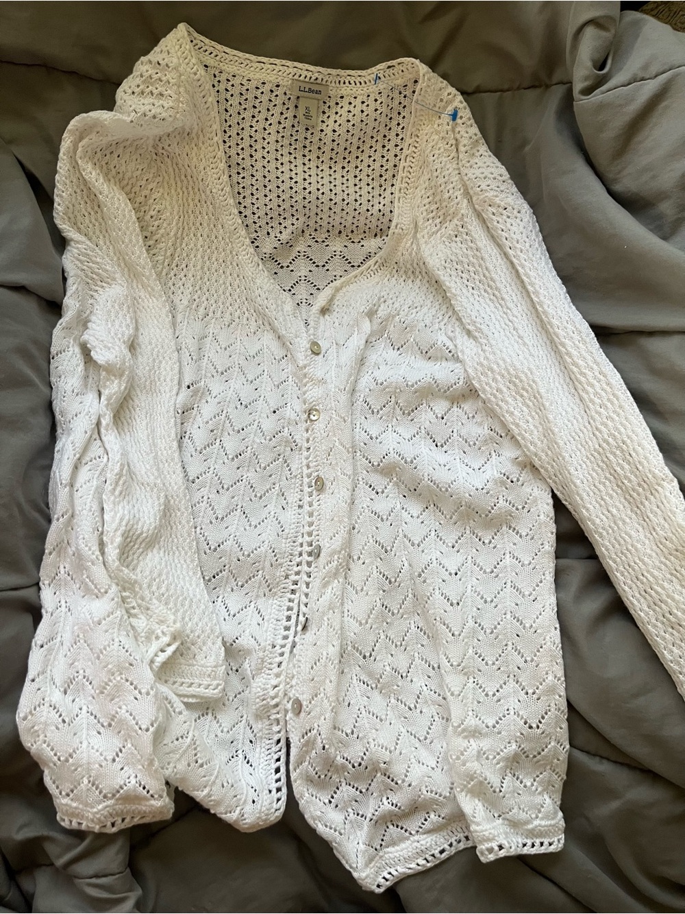 L.L. Bean Cream Openwork V‑Neck Button Cardigan